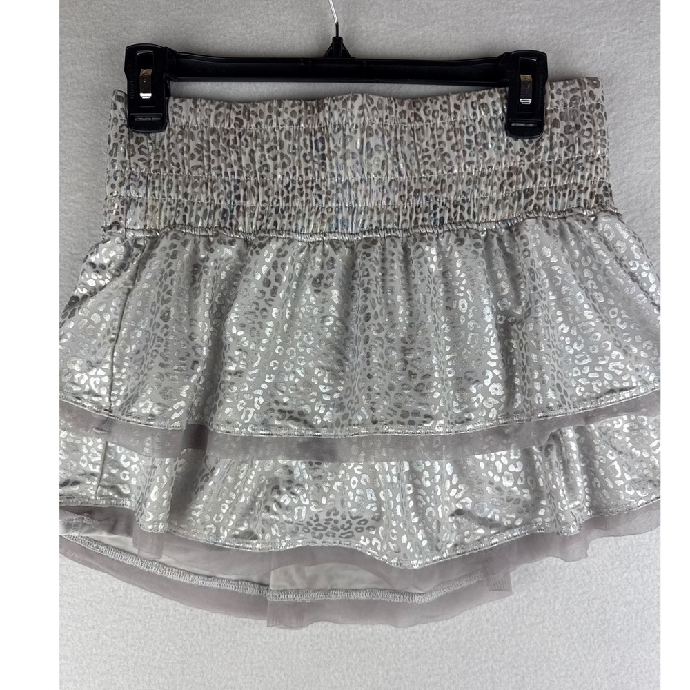 Lucky in Love Silver Metallic Leopard Print Smocked Tiered Tennis Skort Large